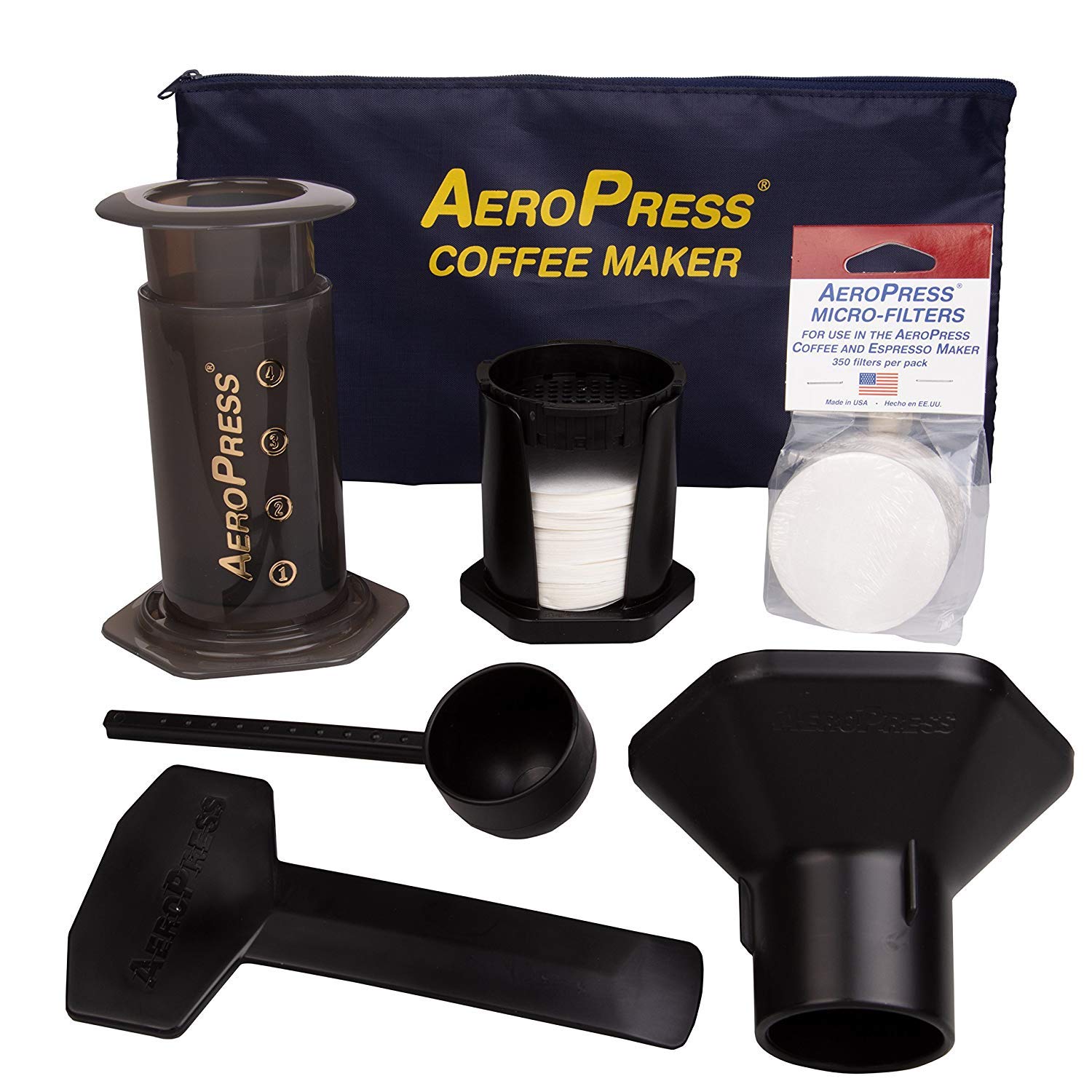 AeroPress Coffee and Espresso Maker with Tote Bag and 350 Additional Filters - Quickly Makes Delicious Coffee without Bitterness - 1 to 3 Cups Per Press