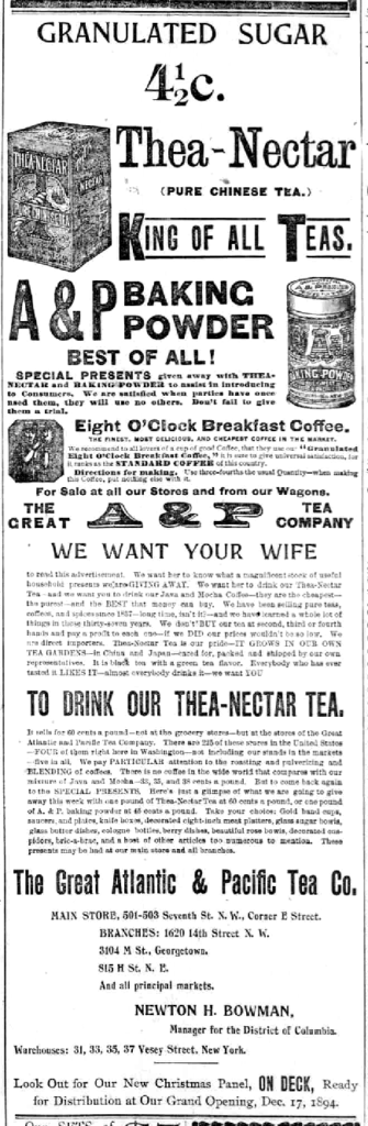 1894 newspaper ad for "Eight O'Clock Breakfast Blend" coffee from A&P
