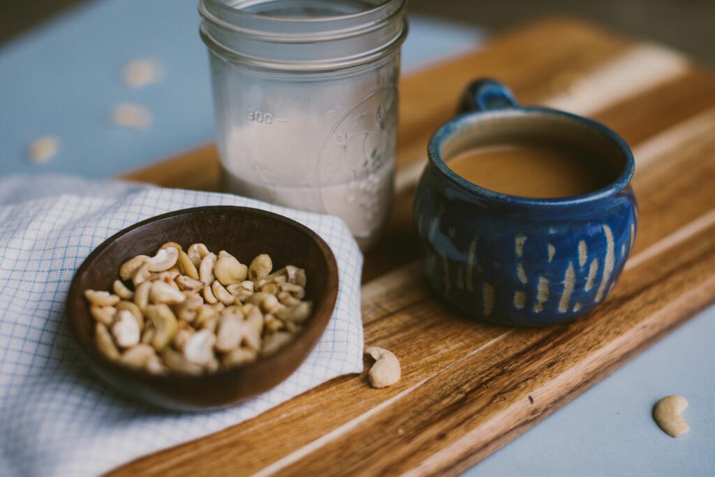 A closeup shot of coffee and cashew milk