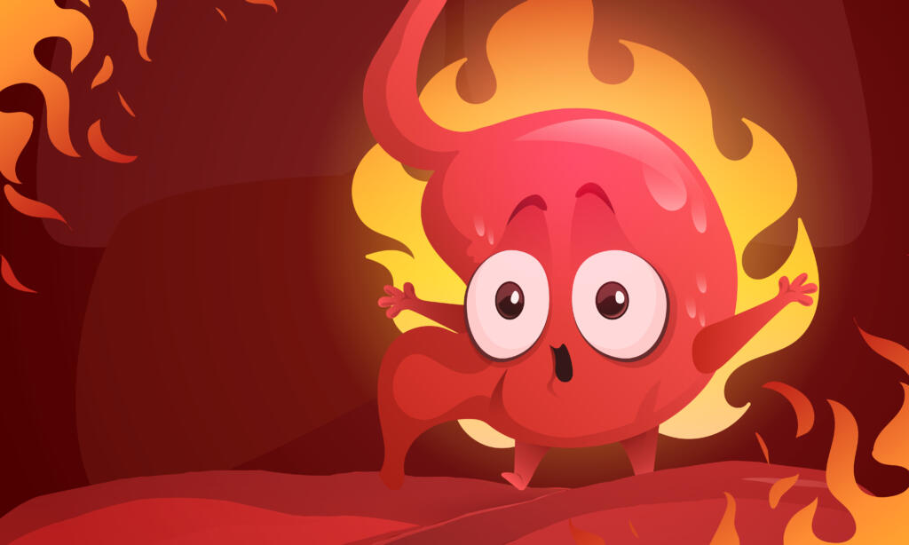 Cartoon stomach character burning in fire. Acid reflux, heartburn and gastritis concept with indigestion system abdomen pain problems. Cute unhealthy mascot suffer of stomachache, Vector illustration